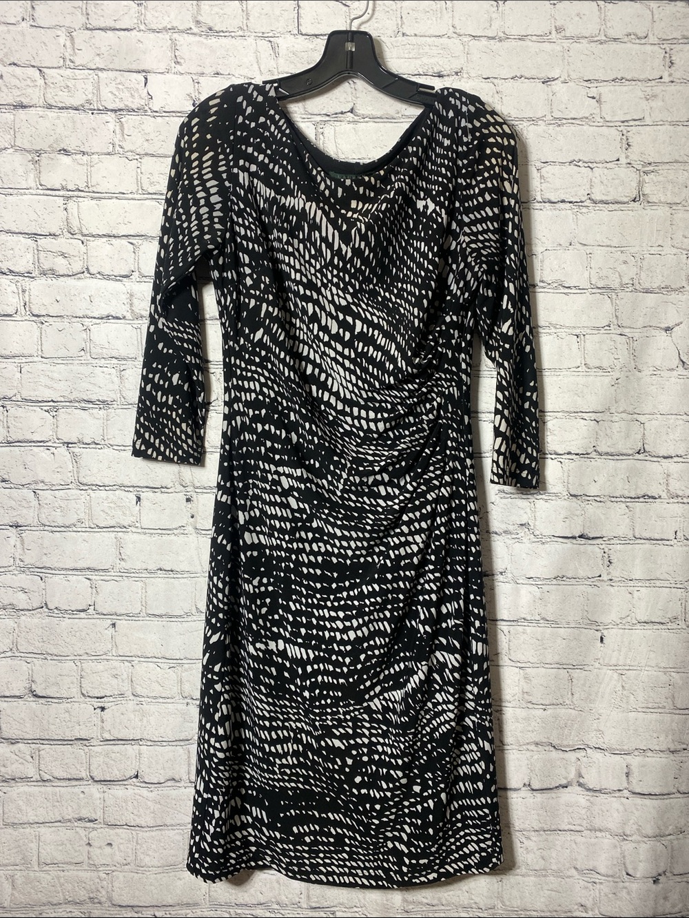 Lauren Ralph Lauren Dress Women’s 10 Black White Ruched Stretch Sheath Midi